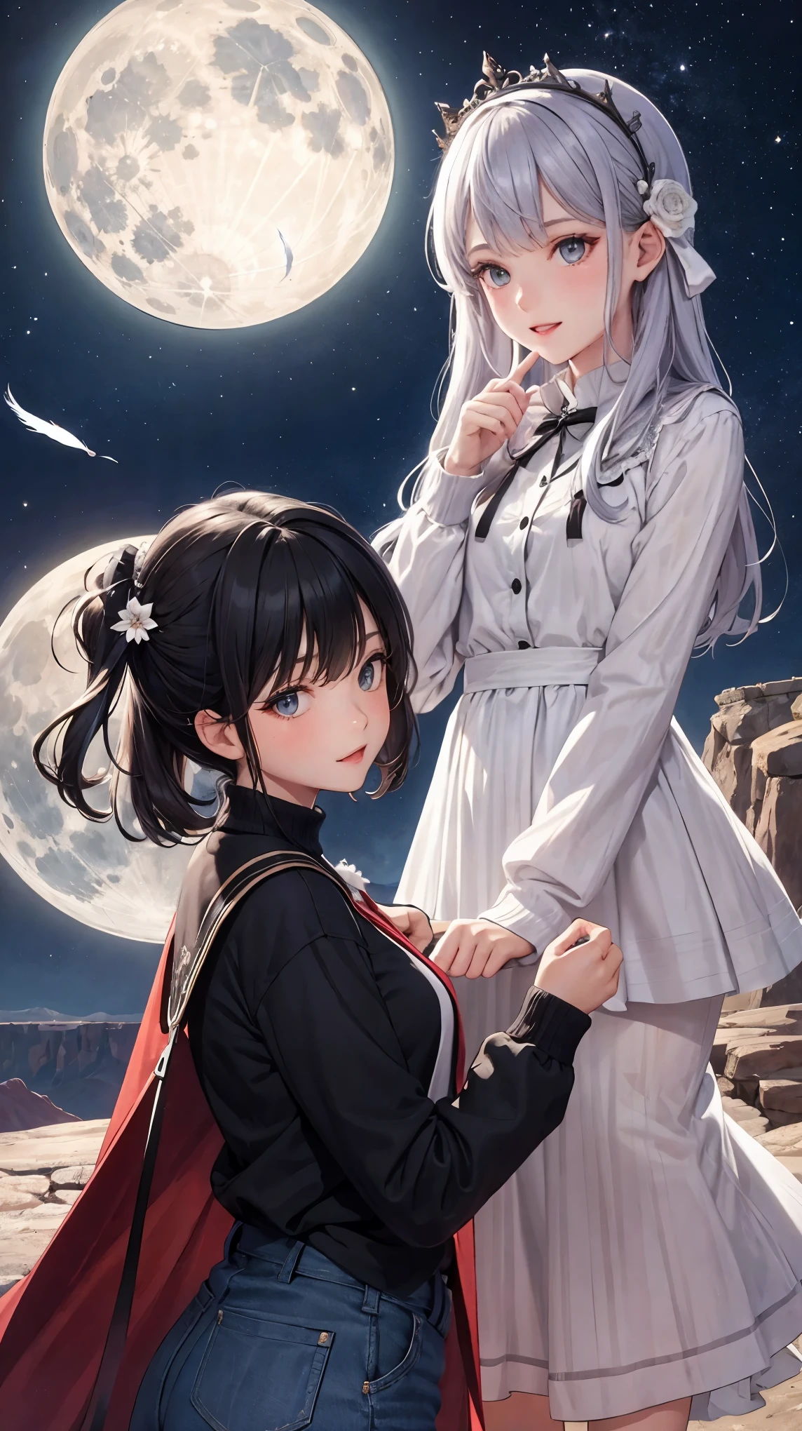 Sisters,Night view,Fluffy skirt,dress,cardigan,Silver-gray hair,Indigo tips,Emerald Eyes,comics,smile,fine,Vibrant,Iridescent feathers,Two Moons,mysterious,Soft Moonlight,Fairy,Grand Canyon,Ancient City