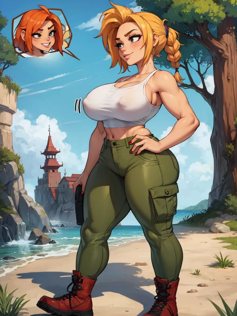 anthro bandicoot girl with redhead hair in braids, in a relaxing and seductive camoflage pants, and army boots, winter, futanari
