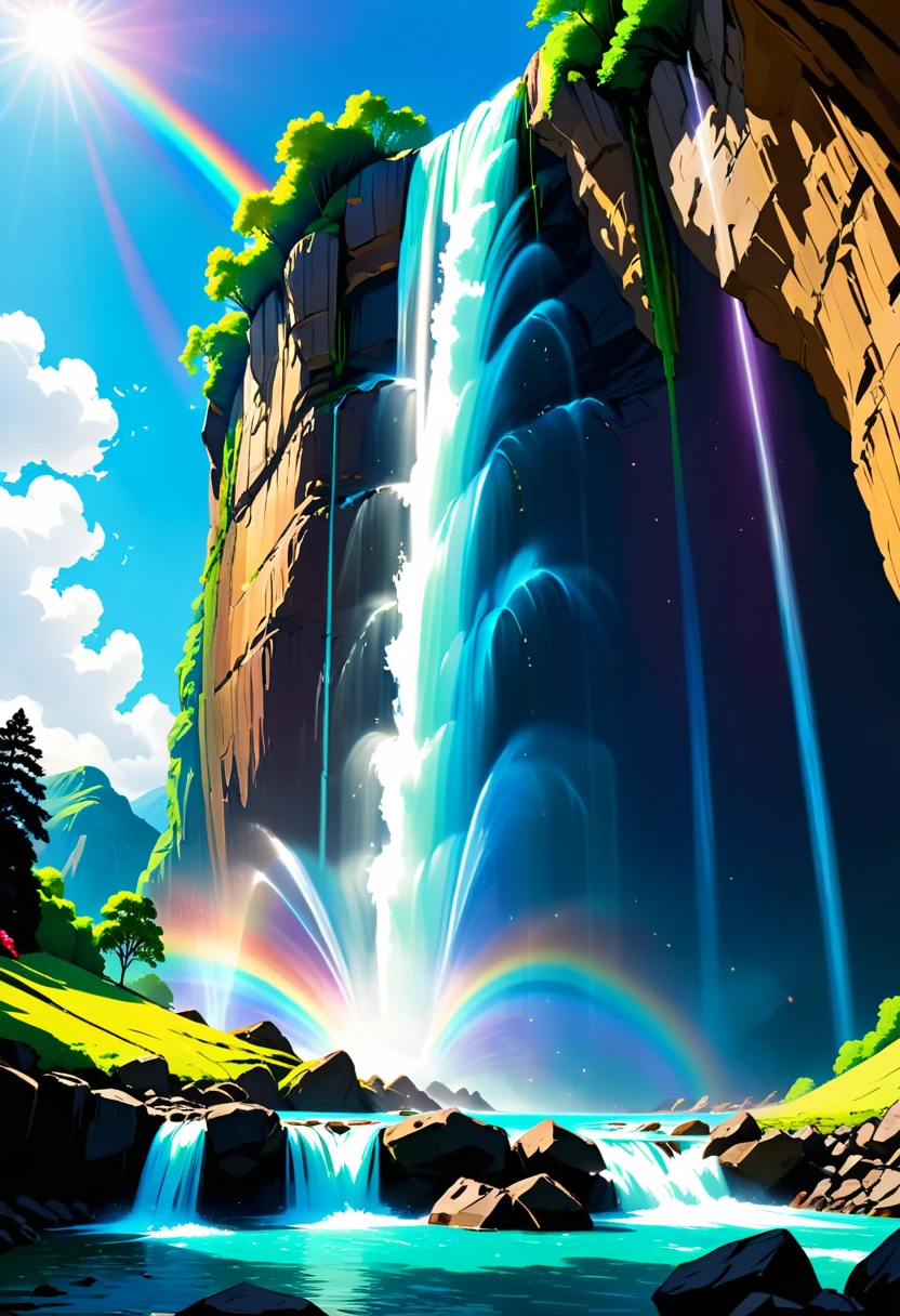 a ((low angle shot: 1.5)), from below of an epic waterfall, there is an epic waterfall coming out of an epic cliff, ((standing really close to the waterfall)) the water coming down in earnest, there is a rainbow reflected on the  water, vibrant, Ultra-high resolution, High Contrast, (masterpiece:1.5), highest quality, Best aesthetics), best details, best quality, highres, 16k, (ultra detailed: 1.5), masterpiece, best quality, (extremely detailed) RAW, (ultra details, Masterpiece, best quality), chumbasket art style, ral-czmcrnbw