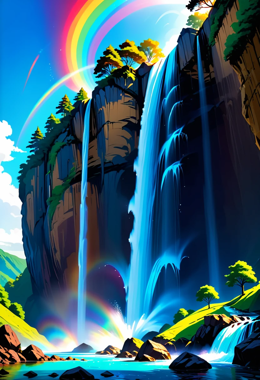 a ((low angle shot: 1.5)), from below of an epic waterfall, there is an epic waterfall coming out of an epic cliff, the water coming down in earnest, there is a rainbow reflected on the water, vibrant, Ultra-high resolution, High Contrast, (masterpiece:1.5), highest quality, Best aesthetics), best details, best quality, highres, 16k, (ultra detailed: 1.5), masterpiece, best quality, (extremely detailed) RAW, (ultra details, Masterpiece, best quality), ral-czmcrnbw