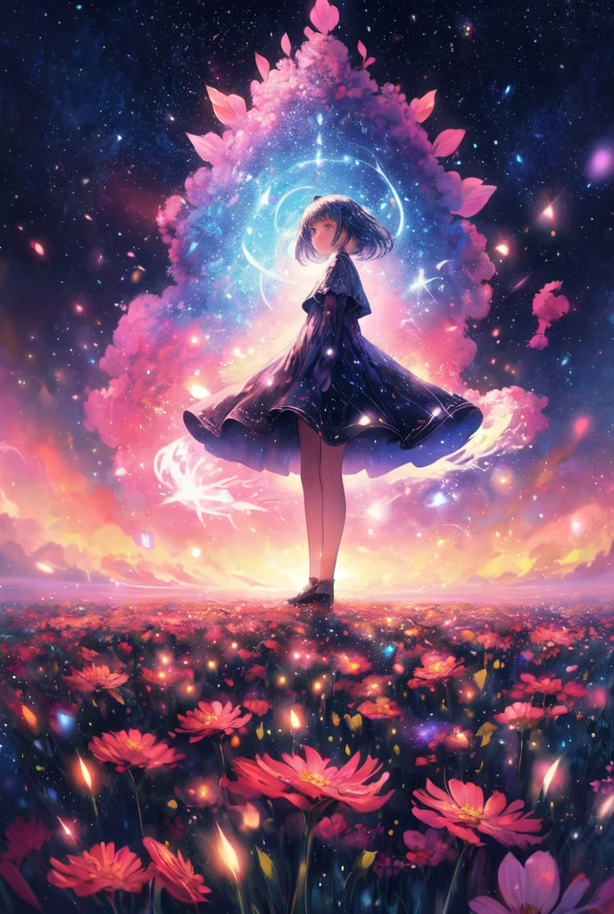 There is a girl standing in a flower field looking up at the sky, a girl standing in a flower field, a girl walking in a flower field, lost in a dreamy wonderland, standing in a flower field, fantastic digital painting, the sky gradually clears, the starry sky gradually recedes, masterpiece, double ultra, best angle, posed,