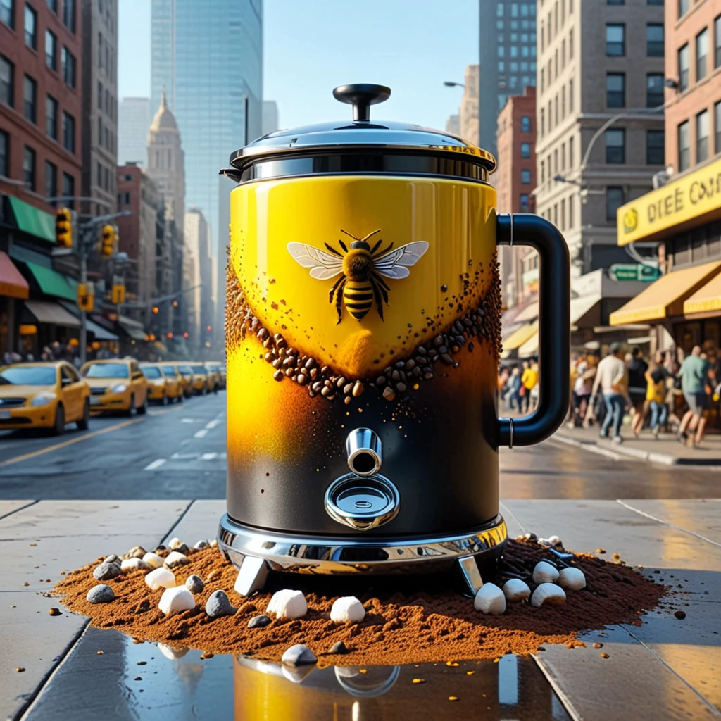 Bee coffee maker, oversized, vibrant yallow, center, bustling city street, reflects surrounding buildings in its shiny, marshmallow-like surface, clear reflective stainless steel jar, black handle grips, crowd gathers, gazes upwards, smartphones capture the spectacle, surrounding buildings tower on either side, warm hues of sunset sky backdrop, mining sense of marvel and excitement, digital painting, ultra-realistic,