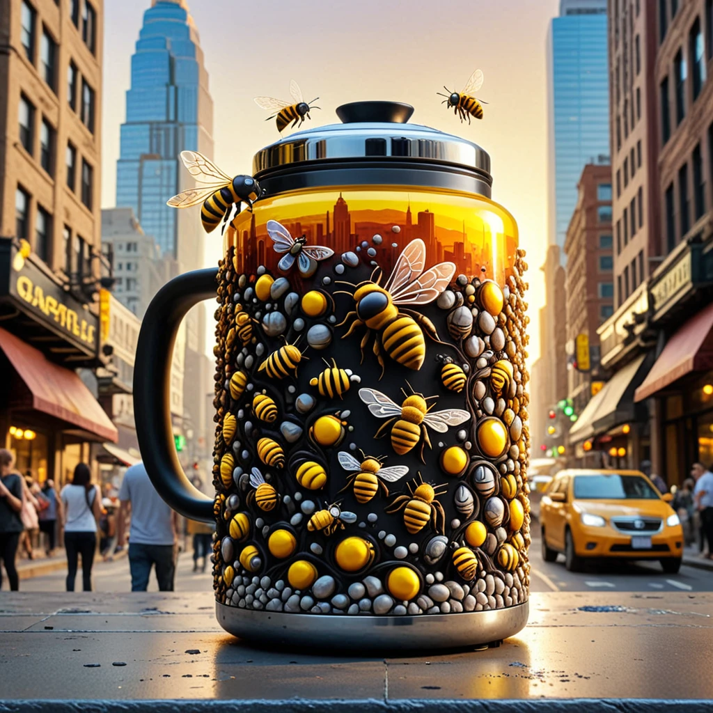 Bee coffee maker, oversized, vibrant yallow, center, bustling city street, reflects surrounding buildings in its shiny, marshmallow-like surface, clear reflective stainless steel jar, black handle grips, crowd gathers, gazes upwards, smartphones capture the spectacle, surrounding buildings tower on either side, warm hues of sunset sky backdrop, mining sense of marvel and excitement, digital painting, ultra-realistic,