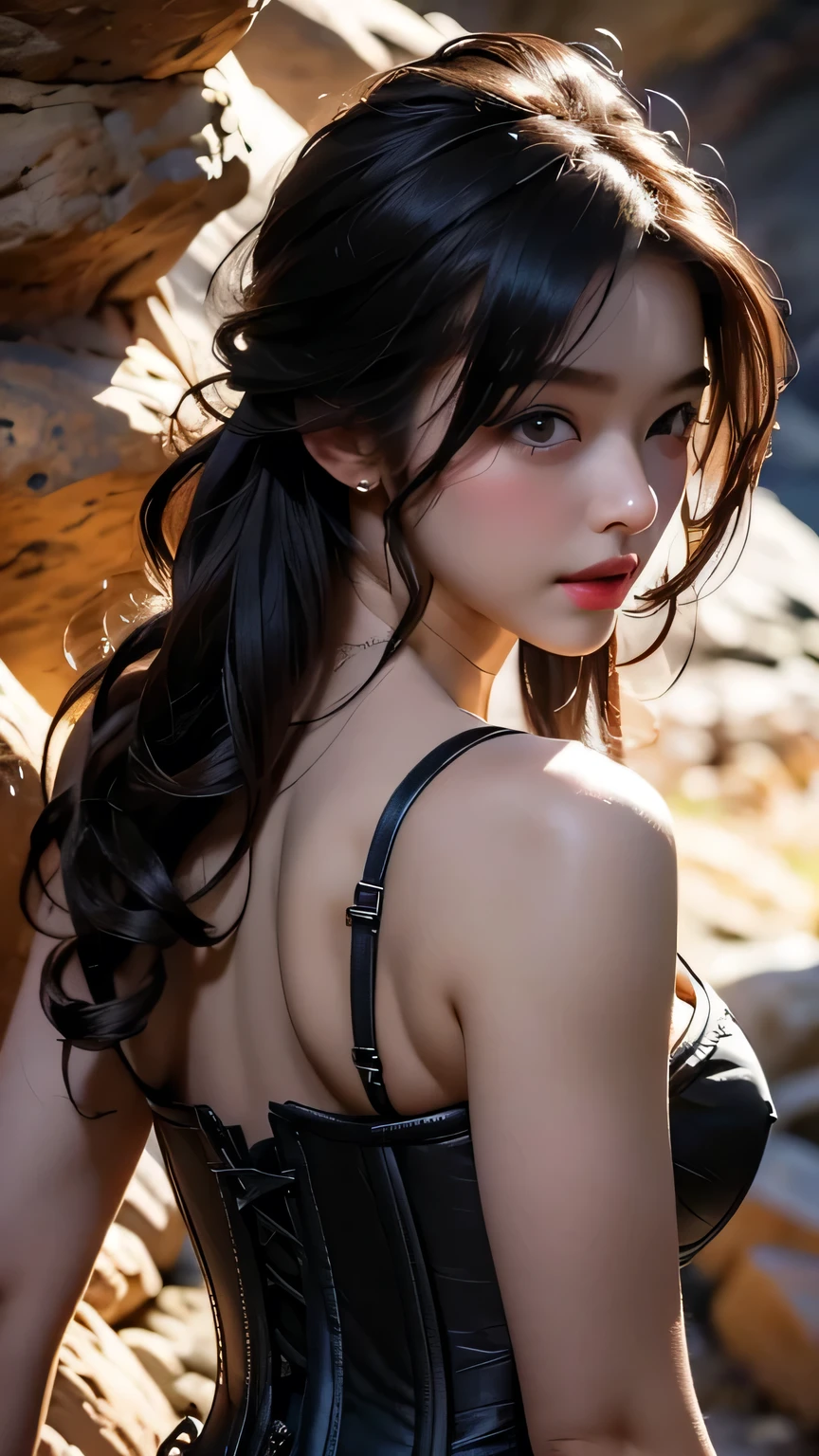 {masterpiece}, {最high quality}, {One girl}, cute, wonderful, Beautiful attention to detail, Iris, short hair, Black Hair, In detail, Depth of written boundary, Highly detailed CG, original, Highly detailed wallpaper, View your viewers, Beautiful Hairstyles、Detailed face, Exposed breasts, Cleavage, (Big Tits, Hard nipples)、Toned Abs, White skin, Realistic、(Cinema Lighting)、Detail emphasis, Beautiful lighting、(((black corset dress))), In a dark cave、Inside a realistic cave、masterpiece, 最high quality, high quality, High resolution、 ((View from behind))、