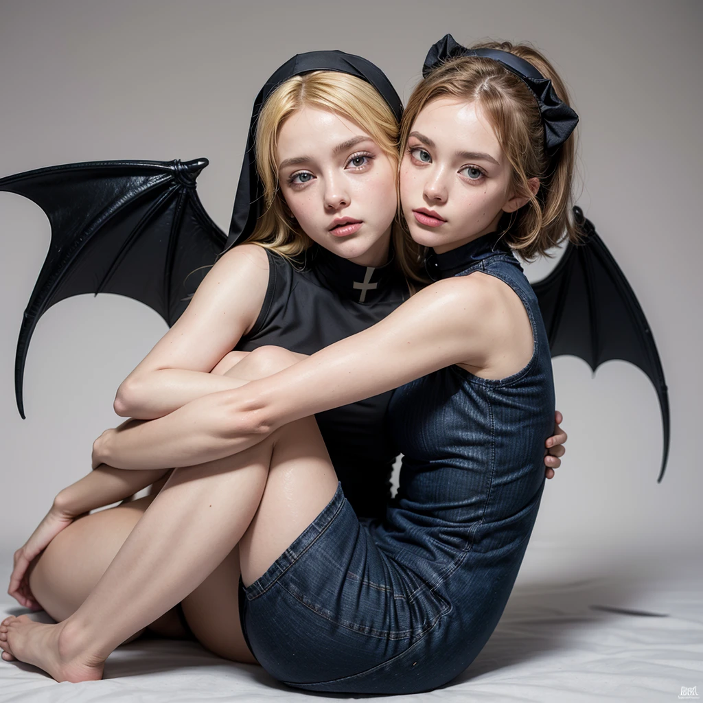A red, wrinkled-skinned demon with bat wings and 2 horns, wearing jeans, is hugging a 25-year-old nun, blonde, with short yellow hair and blue eyes, she is wearing a short black tight dress, a black veil, a white nun's collar, a black scapular that goes from her shoulders to her feet and she is wearing tights, black women's shoes. Neutral white background. Full body. Digital art. Image inspired by the art of John Buscema. Oil realism.