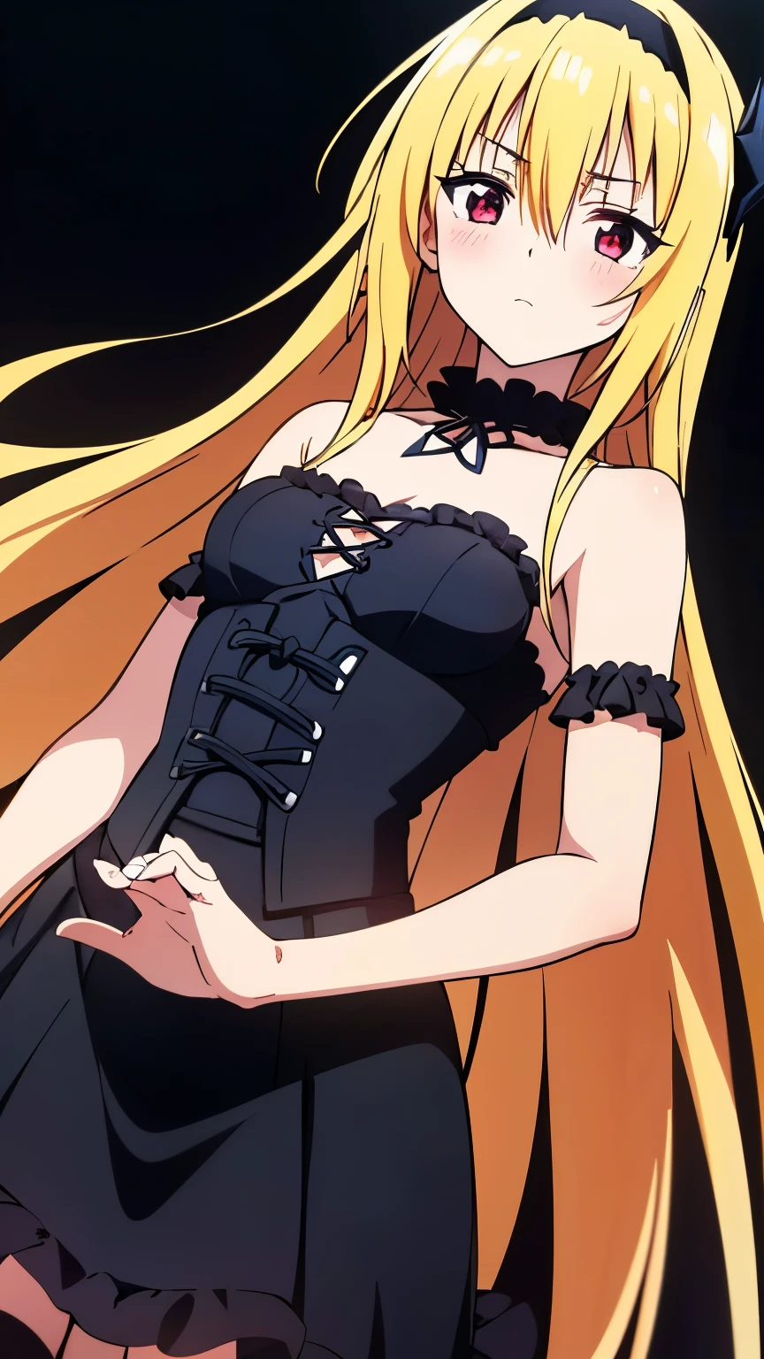 (anime:1.2),(1girl),(alone), konjiki no yami, (alone), long hair, blonde hair, (hairpins:1.2), red eyes, very long hair, hair shots, solo, (expressionless, calm:1.5), (gothic fashion,gothic dress,black dress,gothic art style,frills,headband), (Small medium breast:1.2), narrow waist, round butt, hair between eyes, blush, hair ornament, two sides up, bangs, cowboy shot, dynamic stance, ultra detailed, detailed eyes, sharp focus, masterpiece, standing, perfect hands, perfect anatomy, floating hair, to love- ru, looking forward, perfect anatomy,perfect hands, (looking at viewer), dutch angle