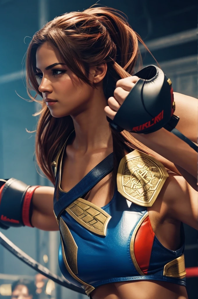 Create a female fighter's armor, pink, blue, purple, sci-fi, space style.