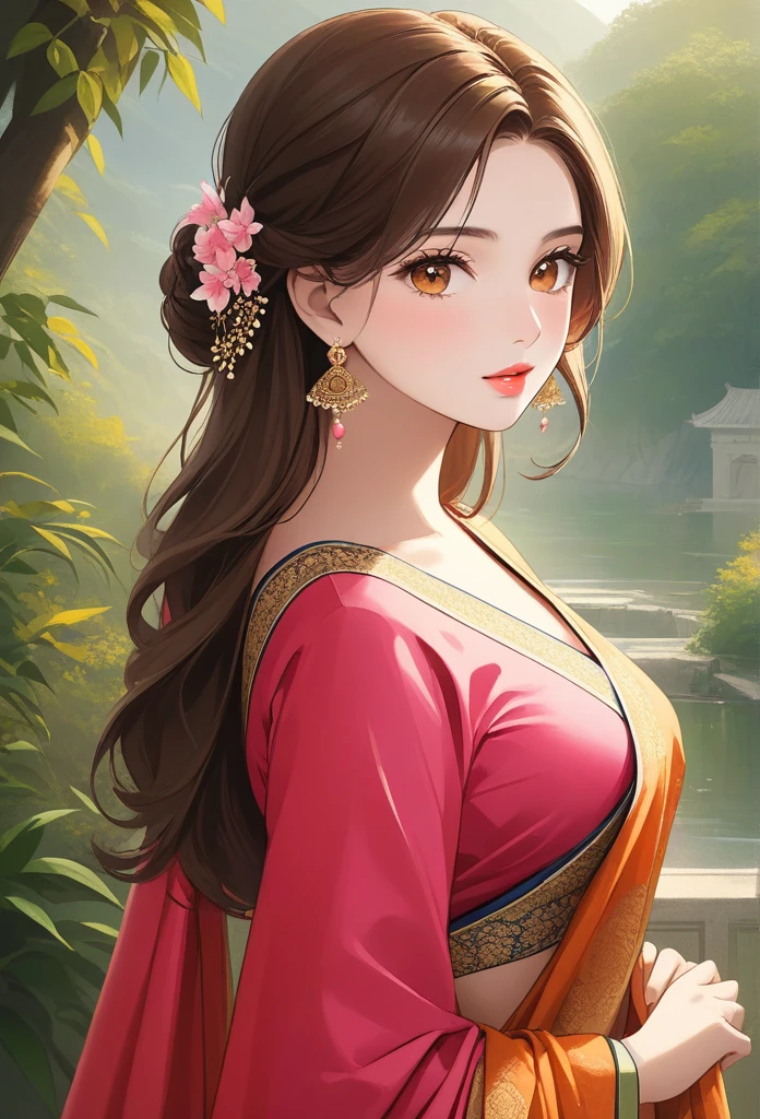 Generate a breathtaking painting of a young woman in a resplendent, intricately designed saree. She should have beautiful, expressive eyes that draw you in, a sharp and elegant nose, and luscious pink lips that add to her allure. Her skin should be fair and flawless, complemented by a subtle blush on her cheeks. She has striking orange eyes that captivate the viewer, and her brown hair cascades in a beautifully styled manner. Her figure should be slim and perfect, enhancing her overall grace and beauty. The hairstyle should be beautifully arranged to frame her face, making her look even more enchanting. The background should complement her beauty with an enchanting landscape or scene that enhances the overall elegance of the image. The colors and details should be rich and vibrant, creating a truly captivating work of art.