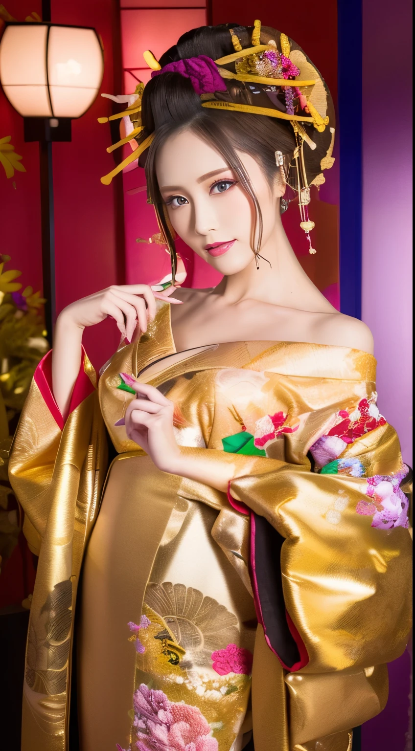 ((masterpiece(:1.4)，Highest quality，Ultra-high resolution，Highest quality，8k，Extremely detailed，In detail))。night，Japanese，(A beautiful woman)，glossy，slim，Large Breasts(1.6)，sexy，glamorous，((Golden Ratio Style，Perfect Style))，Narrow waist，Flashy gal makeup，Japanese garden，Oiran，Prostitute，Sunny day outfit，Uchikake，Gold brocade，((A gorgeous kimono))，A cutting board belt tied in front，Hair tying，hairpin，hair ornaments，Gorgeous costumes，Beautiful standing posture，Presence，Exude sex appeal，looking at the camera，Show off your style，