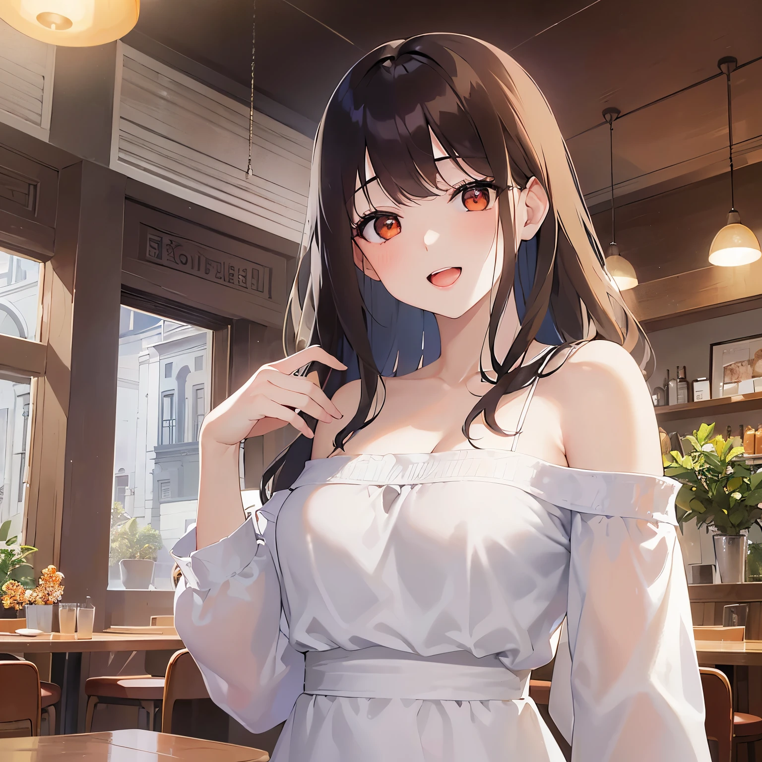 hand on own chest, upper body、(pale skin: 1.2), shiny skin, shiny hair、(A 25-year-old woman with medium-length hair and bangs) and (wavy hair) and (brown hair) and (orange eyes) , (white) and (off shoulder blouse) 、smile, open mouth, blush, The background is the interior of a cafe、Alone、Are standing