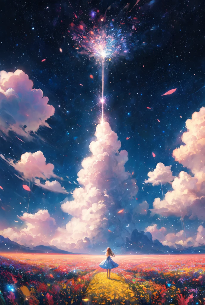 There is a girl standing in a flower field looking up at the sky, a girl standing in a flower field, a girl walking in a flower field, lost in a dreamy wonderland, standing in a flower field, fantastic digital painting, the sky gradually clears, the starry sky gradually recedes, masterpiece, double ultra, best angle, posed,