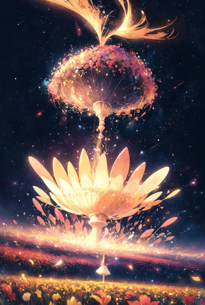 There is a girl standing in a flower field looking up at the sky, a girl standing in a flower field, a girl walking in a flower field, lost in a dreamy wonderland, standing in a flower field, fantastic digital painting, the sky gradually clears, the starry sky gradually recedes, masterpiece, double ultra, best angle, posed,