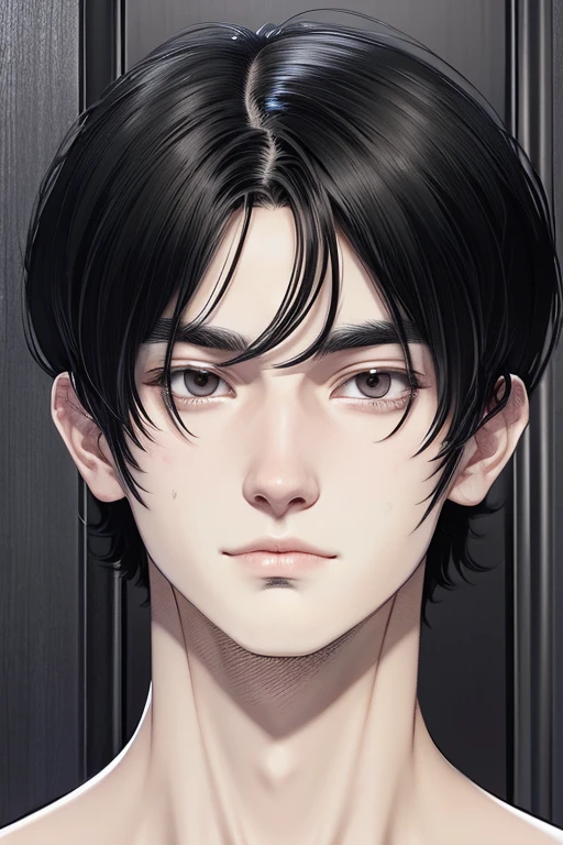 Digital realism style illustration of a black-haired boy, about 18-20 years old, White skin, delicate features, with gray eyes and an intimidating look, arrogant and mocking smile, with elegant doors, thin and somewhat feminine without being exaggerated 