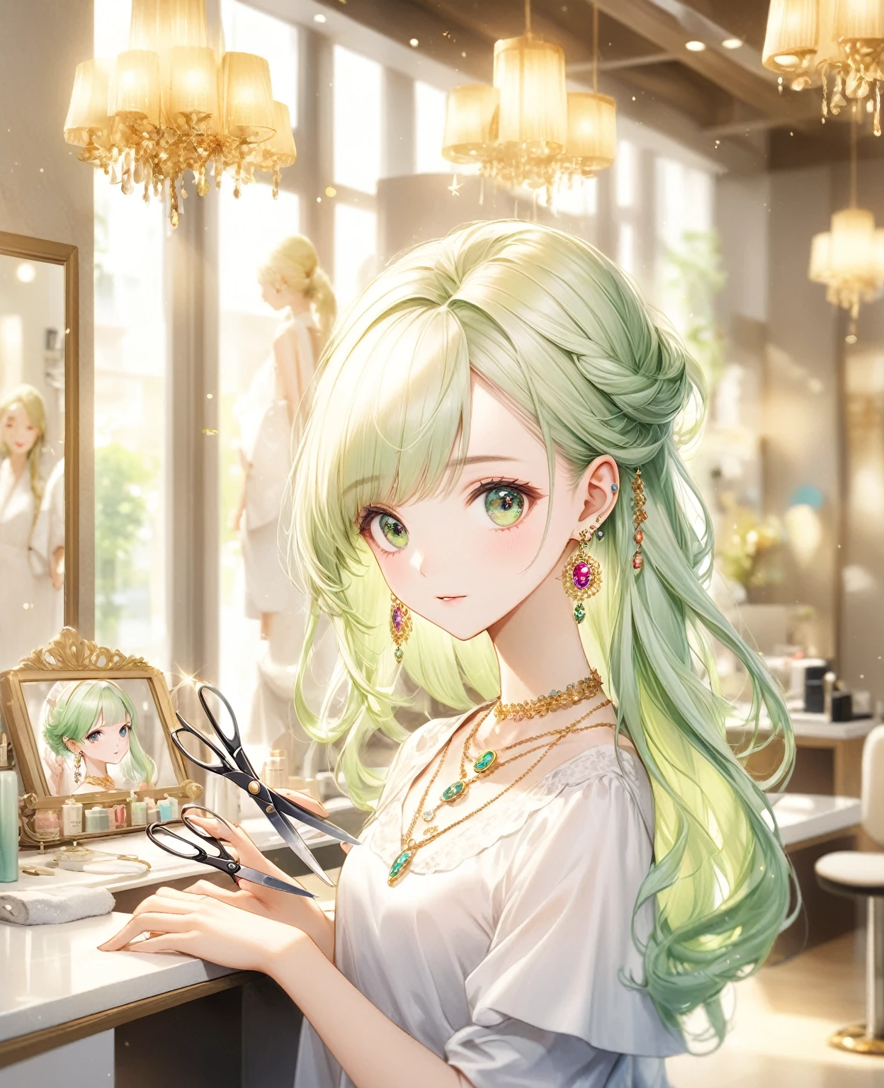 (Highest quality,8k,32K,masterpiece,Ultra-high resolution :1.2 ),born,One girl,Super cute,Natural light,Clear, shining eyes,20-year-old,Fair skin,Beauty salon digital world fantasy background,The noble earrings are shining,The noble necklace shines,Light green hair,A little colorful hair,beautician,Holding scissors,Long Hair