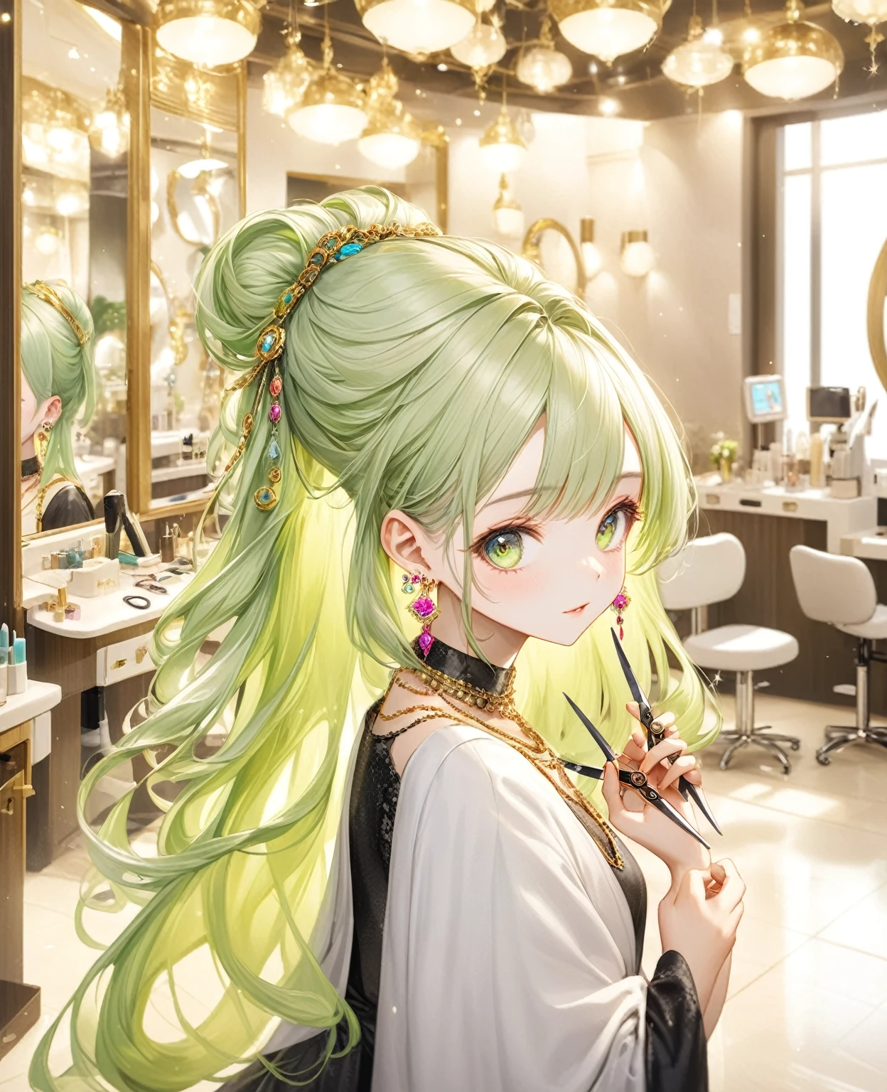 (Highest quality,8k,32K,masterpiece,Ultra-high resolution :1.2 ),born,One girl,Super cute,Natural light,Clear, shining eyes,20-year-old,Fair skin,Beauty salon digital world fantasy background,The noble earrings are shining,The noble necklace shines,Light green hair,A little colorful hair,beautician,Holding scissors,Long Hair