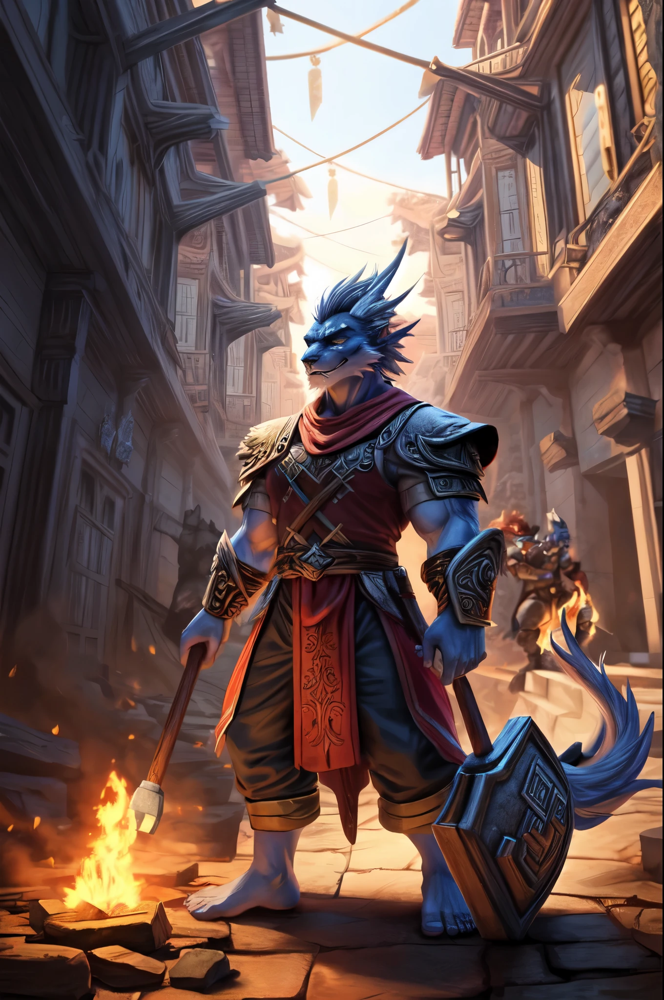 (((Barefoot furry character, full body, cinematic setting, furry male, plantigrade)))
Arose from the ashes
The remains of the time set aside
The warrior of Eden
Bound by honor as two worlds collide
On and on and on
With glory he came, he saw he conquered
He gathered his armies
Truly elite squads, the templars of steel
They sought out the dragon
Made the enemy bleed, made them kneel
On and on and on
A legend unbent, unbowed, unbroken
On and on and on
A story is born, a legacy reborn
(((Hammer))) high, to the sky
Follow ((the warrior)) and King
Call out (((Hector's hymn)))
(((Hammer high))), amplify
Hail to ((the warrior))
Call out Hector's hymn
BREAK, masterpiece, ((detailed background)), ((dynamic background)), 8K, (masterpiece:1.5), intricate details, highly detailed, extreme detail, octane render, unreal engine, fine art, best quality, highres, (detailed face:1.5), ((full_body)), UHD, (((perfect hands))), low light, (((correct ???????)))