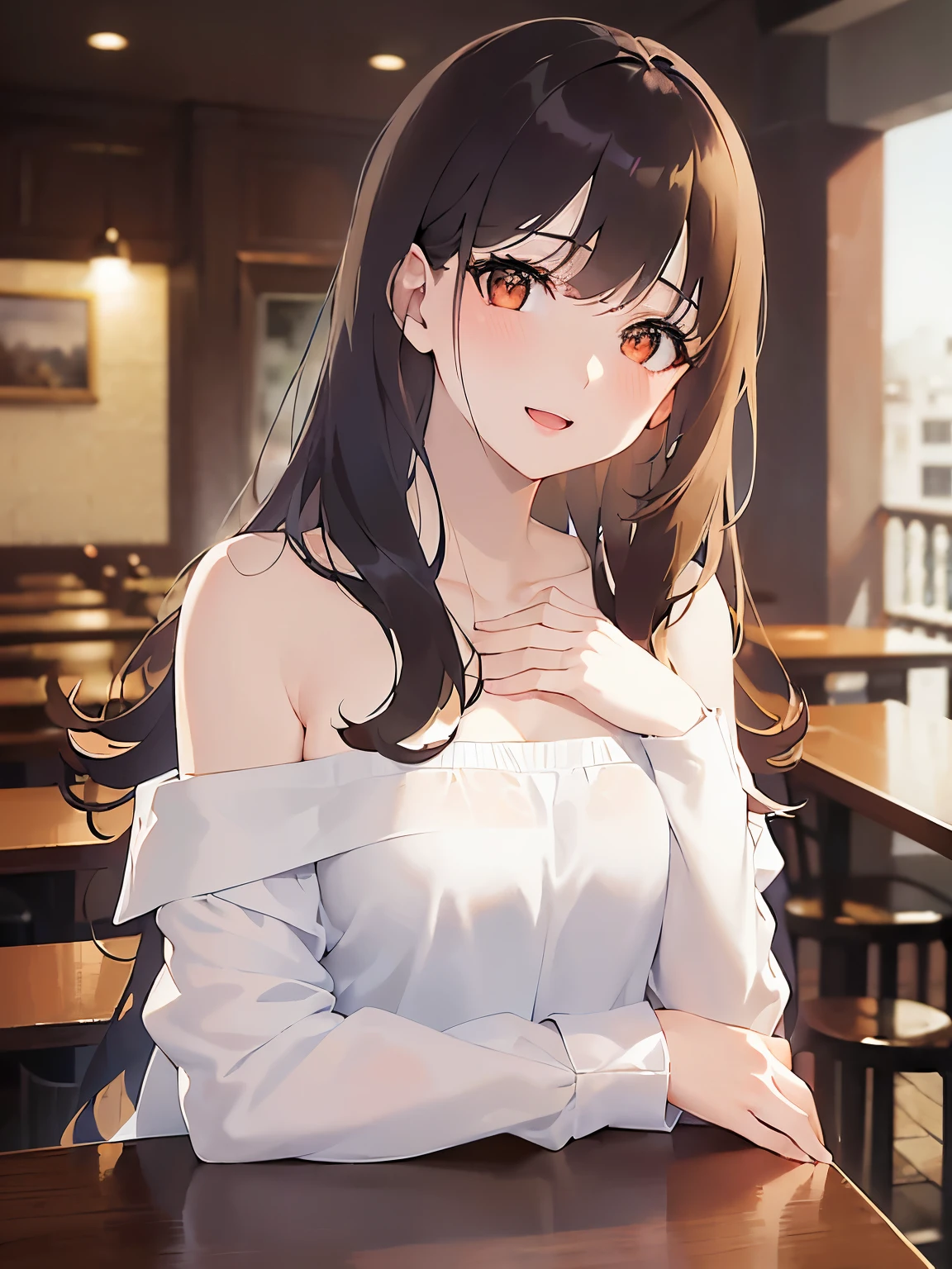 hand on own chest, upper body、(pale skin: 1.2), shiny skin, shiny hair、(A 25-year-old woman with medium-length hair and bangs) and (wavy hair) and (brown hair) and (orange eyes) , (white) and (off shoulder blouse) 、smile, open mouth, blush, The background is the interior of a cafe、Alone、Are standing