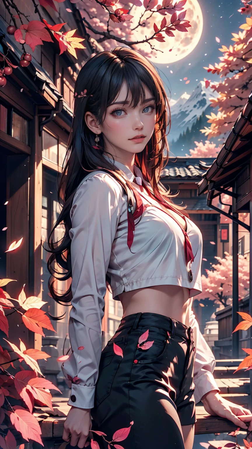 masterpiece, 最high quality, night, Mountain, full moon, Long black hair, woman, fire Fly, performer, Mysterious cherry tree, Pink leaves, high quality, Beautiful graphics, Attention to detail