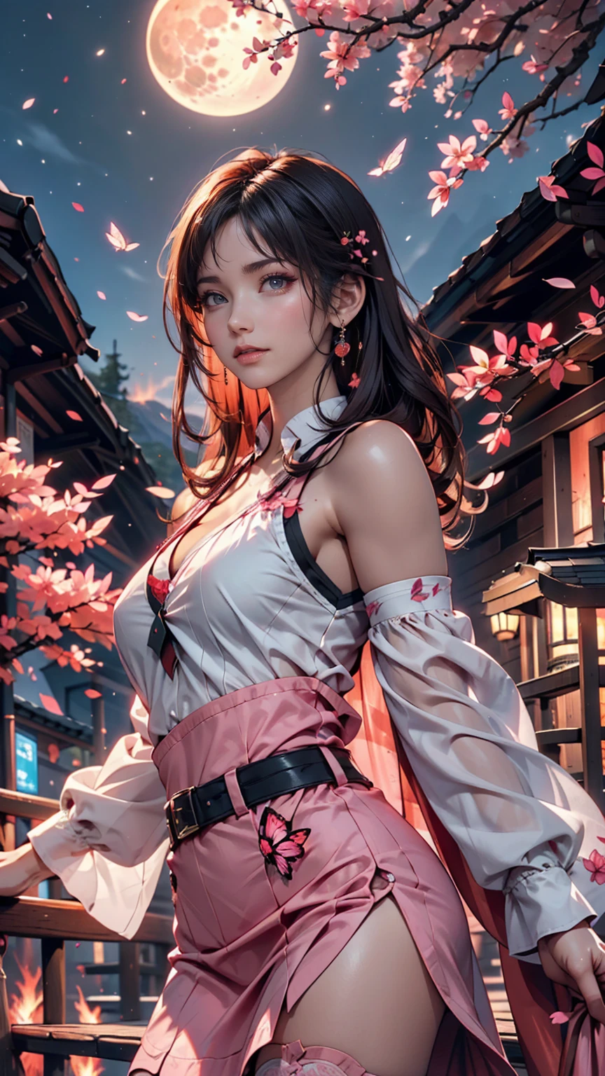 masterpiece, 最high quality, night, Mountain, full moon, Long black hair, woman, fire Fly, performer, Mysterious cherry tree, Pink leaves, high quality, Beautiful graphics, Attention to detail