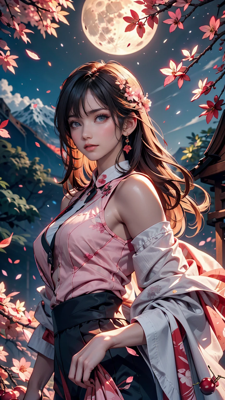 masterpiece, 最high quality, night, Mountain, full moon, Long black hair, woman, fire Fly, performer, Mysterious cherry tree, Pink leaves, high quality, Beautiful graphics, Attention to detail