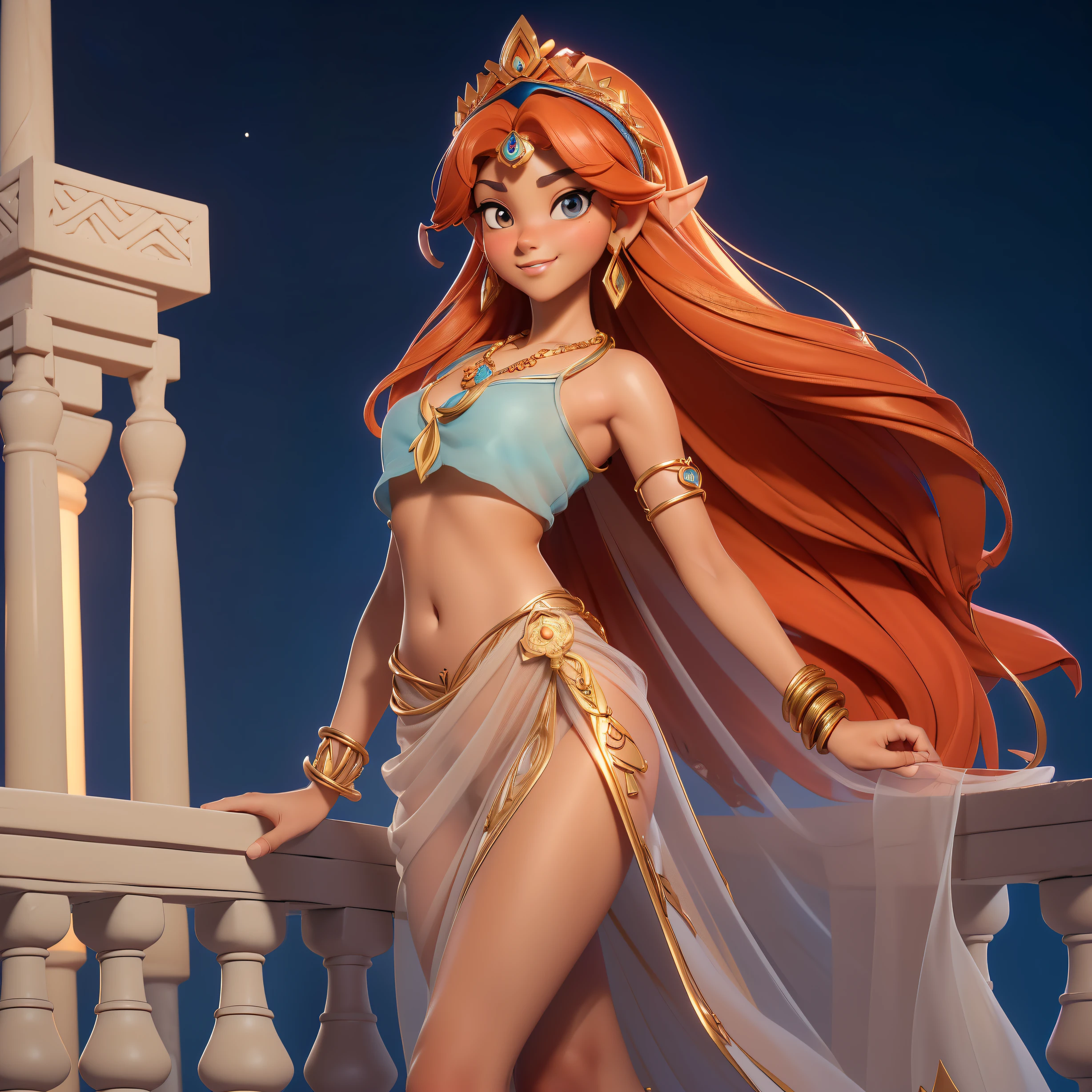 arab man,((masterpiece, best quality, photography, Delicate skin, Practical, photo-Practical, 3D Character Design, pixar, 8k, Very detailed, full length frame, High Detail RAW Color Art, night, Shallow depth of field, Clear focus,Indian Clothing, exotic, Young women, Redhead, High Detail,Princess Merry (10) be introduced,Tan skin and attractive features, Beautiful smile and subtle lighting,, barefoot, Jewelry, Solitary, necklace, Anklets, Toe Ring, Long hair, Crop Top, whole body, bracelet, barefoot, Headdress, Transparent clothes,Leaning on the balcony