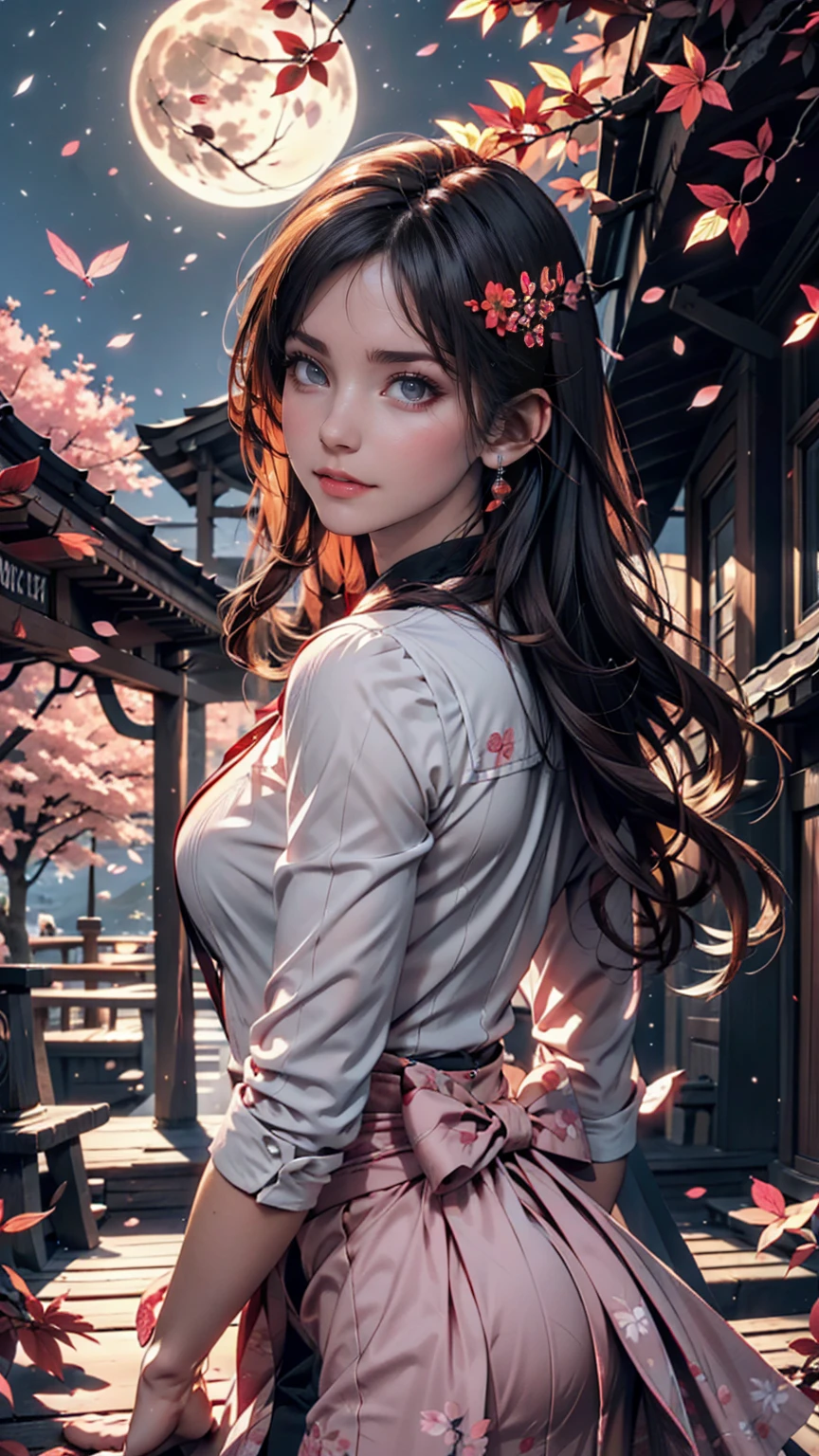 masterpiece, 最high quality, night, Mountain, full moon, Long black hair, woman, fire Fly, performer, Mysterious cherry tree, Pink leaves, high quality, Beautiful graphics, Attention to detail