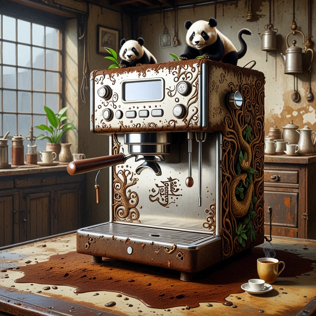 Antique coffee machine as primary focus, enveloped in industrial decay setting, infused with Chinese design elements, humorous Chinese calligraphy, comical dragons, surrounded by rusty metal beams, fragmented windows, nearside playful panda sipping coffee, oil painting, ultra realistic, dramatic lighting