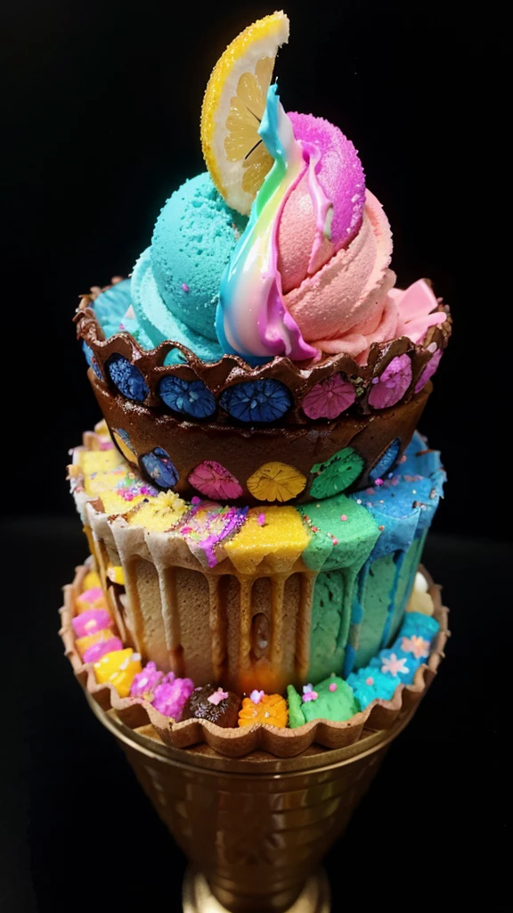 a Most beautiful attractive 3d ice-cream, uhd, vibrant iridescent jewel-tone colors, sharp features and piercing, ultra detailed, breathtaking paint splashing background, perfect composition, 8k color, full frame on black background, imaginative rainbow ice cream in a waffle cone in extreme sweet prism colors with raspberries and blueberries, shimmering and shiny effects, chocolate sprinkles as decoration, vanilla blossom, the ice cream dripping down, a wild smeared background all in light paste