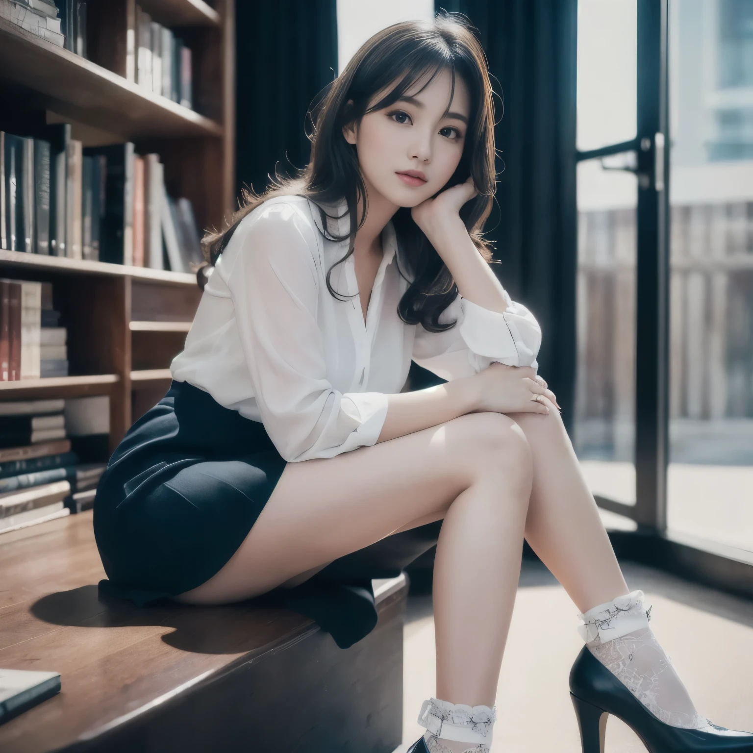 (8k, born, Professional, Highest quality, masterpiece:1.2), (Realistic,photoRealistic:1.37), Very detailed, (Portraiture), (Most detailed skin:1.2), (The most detailed face:1.2), Cinema Lighting, One girl, Pale Light, 22-year-old beautiful gravure idol, White blouse, Blue Skirt, Loosely wavy black hair, white ankle socks, High heels, Library Background