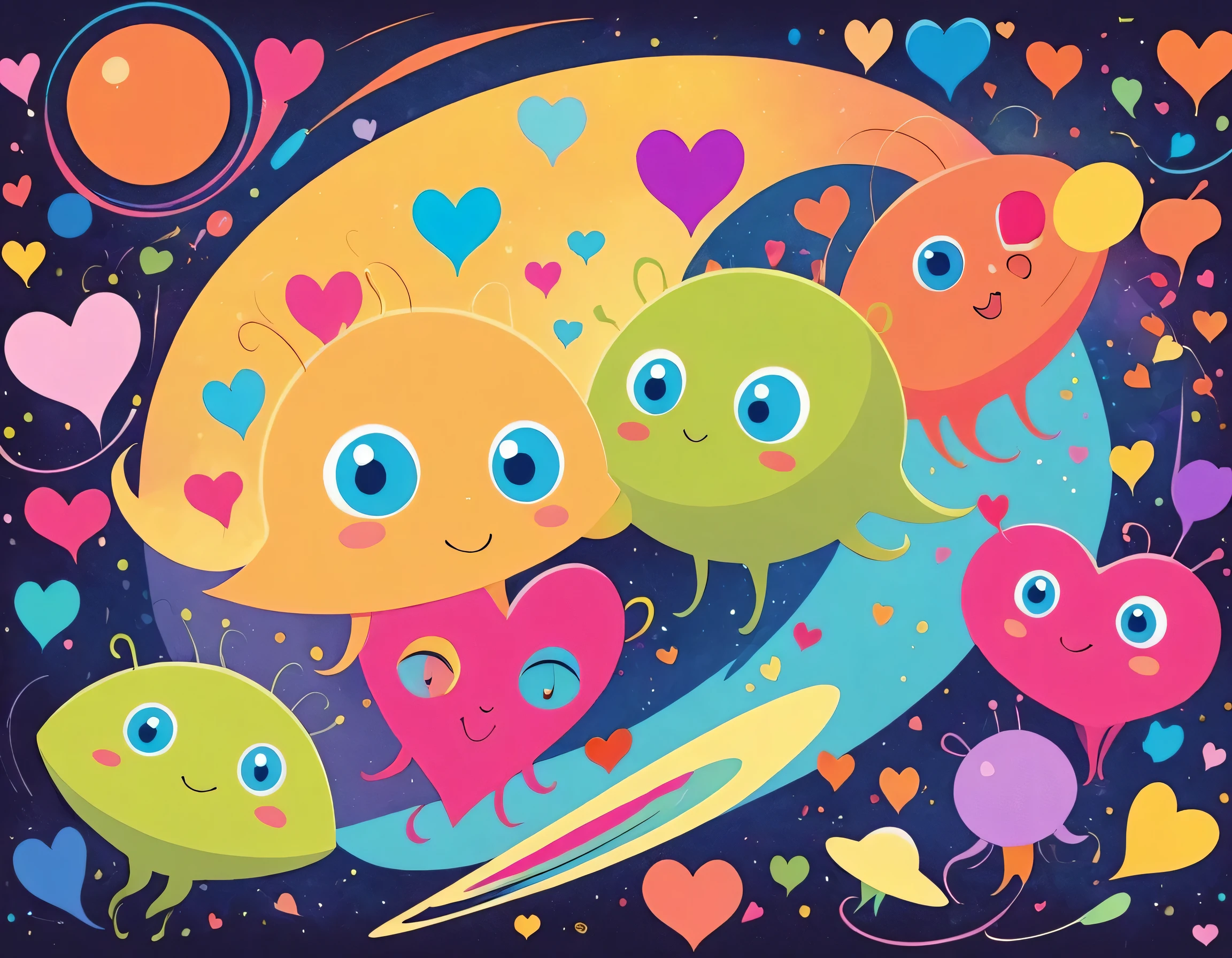 Vasily Kandinsky colorfull style, Simple Line Initialism，Abstract art, colorful hearts, funny design, (((bosom buddy ))), (((Cute Aliens))), The background is space
