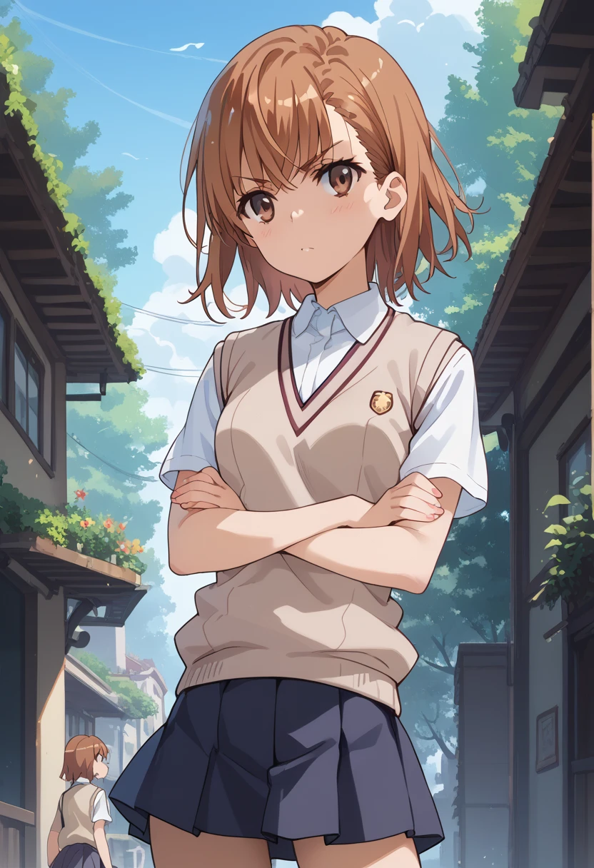 masterpiece,High resolution,Highest quality,8k
(mikoto misaka)(14-year-old female,Brown Hair,Short Hair,Small breasts,Slim figure)(school uniform,Sweater vest,White Shirt,Short sleeve,mini skirt)Dimly lit bar counter,Arms crossed