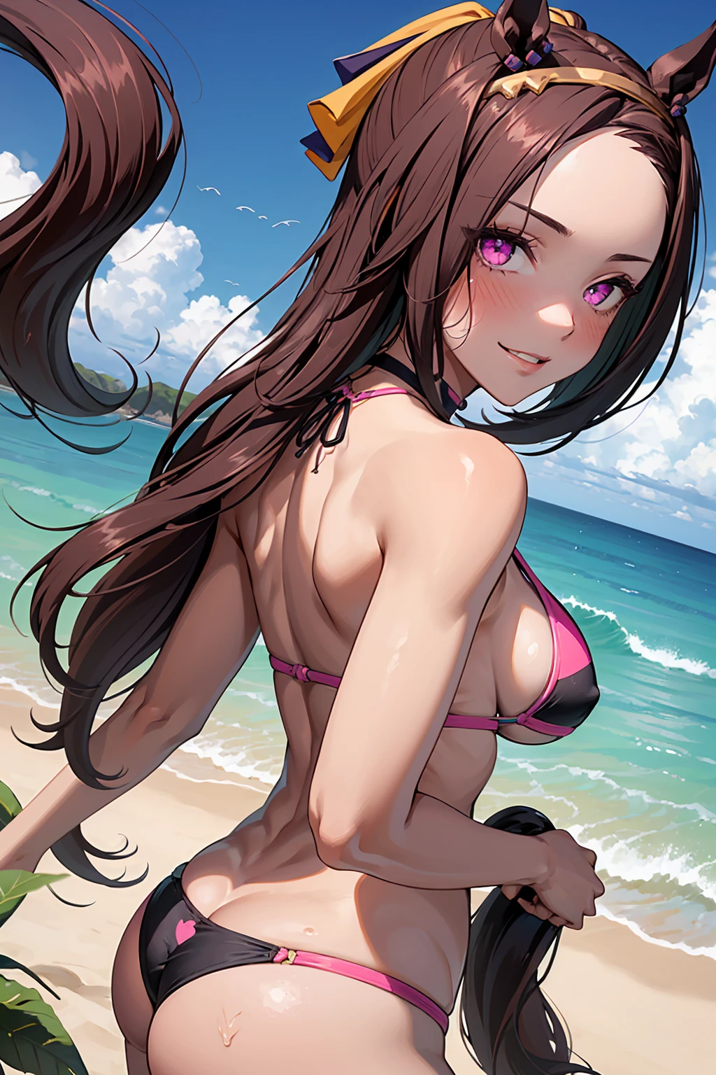 NSFW　masterpiece, High resolution, Highest quality, Absurd, formal, (((Black micro bikini)))++ One girl, alone, ((Pink and black hair, Multicolored Hair:1.2)), (sakura bakushin o \(umamusume\)), (Pale skin), Pink Eyes, (Parted bangs), amount, Skin Dentition, Glowing Skin, Waist cutout, Exposing shoulders, necklace, Removable sleeves, Lock (belt), Hand Bang, accessories, choker, belly button, Attractive perfect female proportions, Captivating smile, blush,Cushy Pose　　Beautiful ass　back　　Beautiful beach Beautiful sunshine　Sweat