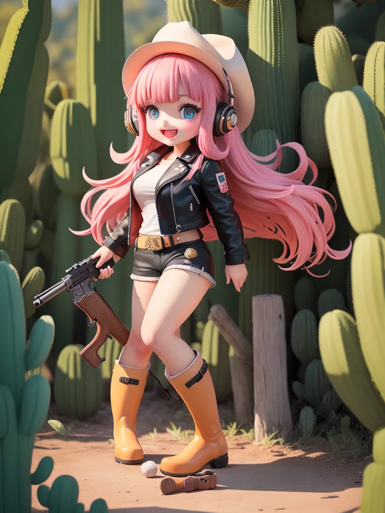 (masterpiece), (extreme), (Very detailed),(Body:1.9),1 girl, Sunlight, charming, orange, (Big Head:1.8), toy doll, Cat ears，Big orange headphones，Strap around the waist(((whole body，Holding a large short gun in both hands and stretching forward)))，Smile, open mouth, In the Wild West, cactus， (((Big cowboy hat，Fashion,leather jacket, leather shorts，long martin boots))), blush, shirt, Long hair, Pink Hair, orange headdress, Fuzzy, Bangs, (Beautiful and delicate face), (Beautiful and delicate eyes),
