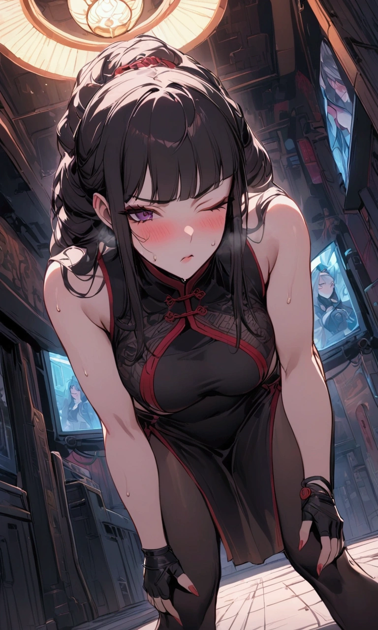 dutch angle,{{masterpiece}}, {{{Highest quality}}},{{Very detailed}},{{Fight}},{{critical situation}},{{hold down one's stomach with one's hands:1.6}},bent over,1girl,30years old,{Mature Woman}},cyberpunk,{{Chinese clothing}},Red Short-sleeved Chinese dress,pelvic curtain,black stockings,belt,black fingerless gloves,{{Grit your teeth:1.4}},one eye closed, ,{{v-shaped eyebrows}},Bad mood,blush,Sweat,raise one's eyebrows ,{{View your viewers}}、long hair,Blunt bangs.abdominal pain ,{{pain}},Inside the dojo