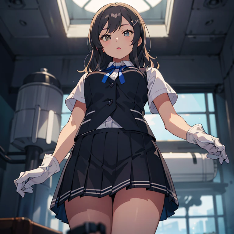 oyashio,hairclip,black vest,white shirt,blue ribbon,neck ribbon,short sleeves,black skirt,pleated skirt,white gloves,(masterpiece:1.4),(best quality:1.4), (amazing), (great illustration:1.4), (ultra-detailed:1.4), (art CG, 8K),1girl ,solo,(From Below:1.2)

