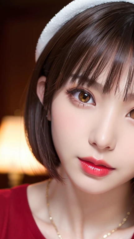 (Highest quality、On the table、8k、Best image quality、Award-winning works)、( girl, 14 ye、(The perfect V-neck long red sweater:1.2)、(Red eyeshadow:1.2)、Perfect Makeup、Long eyelashes、Ultra HD Shining Eyes、Ultra HD Hair、Ultra-high resolution glossy lips、Ultra High Resolution Perfect Teeth、Ultra HD cute face、Brown Hair、(Very short straight hair:1.1)、Look at me and smile、[clavicle]、Accurate anatomy、(Face close-up:1.5)、Luxury Love Hotel、(The most atmospheric warm light:1.2)、Blurred Background、Has bangs、Ultra-high-definition, shiny, moisturized face、Ultra-high resolution glowing skin、The most delicate face、Super high resolution detailed faces、ultra high resolution hair、Ultra high resolution glowing eyes、Beautiful face with detailed expression、Ultra high resolution glossy red lips、Big Breasts、Split、Fashion Necklace、Japan hostess