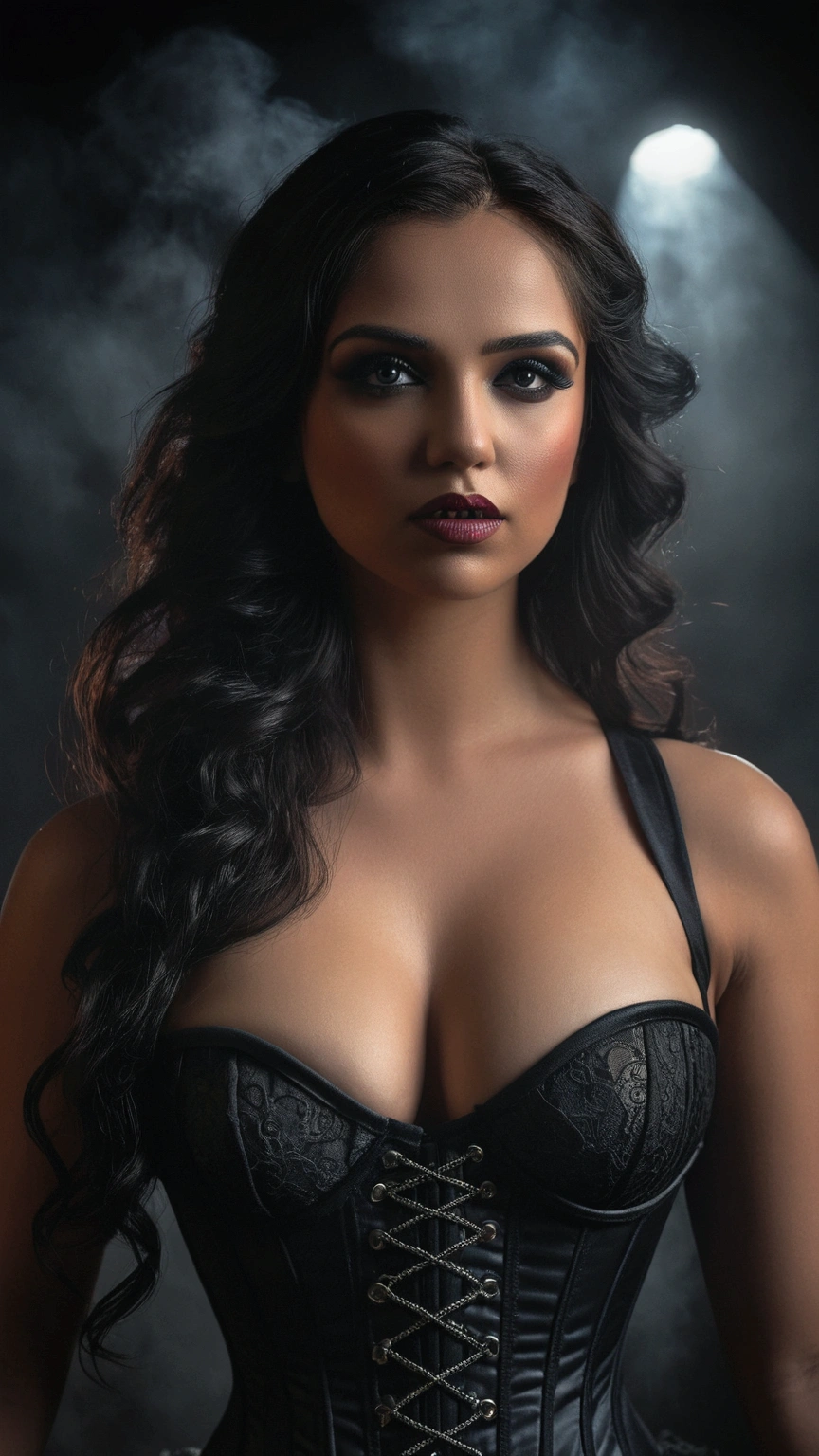 Looks like Aparna Dixit, full body Closeup shot, Big chubby aunty, milf, cougar lady witch, horny Gothic milf, 50 years old gorgeous mature lady, pervert demoness, demoness of lust, curvy, black lips, horny face, extremely gorgeous, thick figure, heavy physique, voluptuous, curvy, sexy figure, Fashionable portrait of androgynous alien looking witch wearing veil, (glowing eyes:1.5), futuristic design, minimal details, givenchy, photoreal, 200mm, hd, f/ 2.0, highly detailed, surreal, sexy beautiful evil woman, sexy bold sequin Saree with strapless Bra, chudail, Pishachini, horror genre, blood-thirsty enchantress, powerful female spirit, eerie, drop dead, in the style of red and blue, (intricate details, hyperdetailed:1.15) (skin texture:1.2), dark Moody tone, cinematic lighting, haunted place in background, Fortune telling hall,indian astrology,