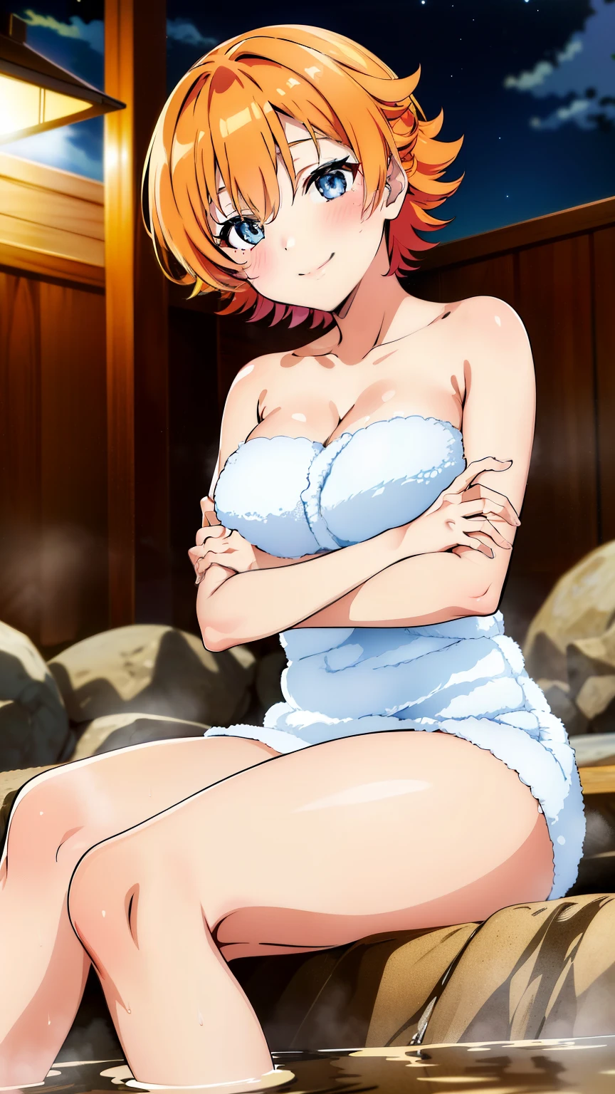 (masterpiece,best quality, 8k:1.2),(anime),1girl,mature female,igawa sakura,(Dark blue eyes, Eye light: 1.2), medium breast,wide hips, (White bath towel,hot spring,Sitting,blush, Smile), dynamic poses, dynamic angles