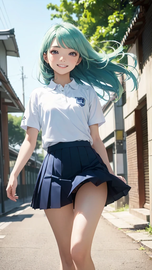(masterpiece,Highest quality,High resolution,Line art,Anime Style:1.2),(One high school girl:1.2), (((White polo shirt), Navy blue pleated skirt),(White sneakers),White socks),(Smiling happily, showing his teeth:1.3),(Straight long hair swaying in the wind,Light green＋Light blue hair,Natural Makeup, Eyelash extensions, Make your eyelashes thinner and longer:1.3),(Cowboy Shot:1.3),(16 year old Japanese girl:1.2),(Clothes that look good:1.2),(School corridor:1.3), View the subject from below, (The wind blows her short skirt up, exposing her panties, White children&#39;s panties:1.3), (Are standing, Random sexy poses:1.3), (Place your hands behind your head:1.3), (Thick thighs:1.3)