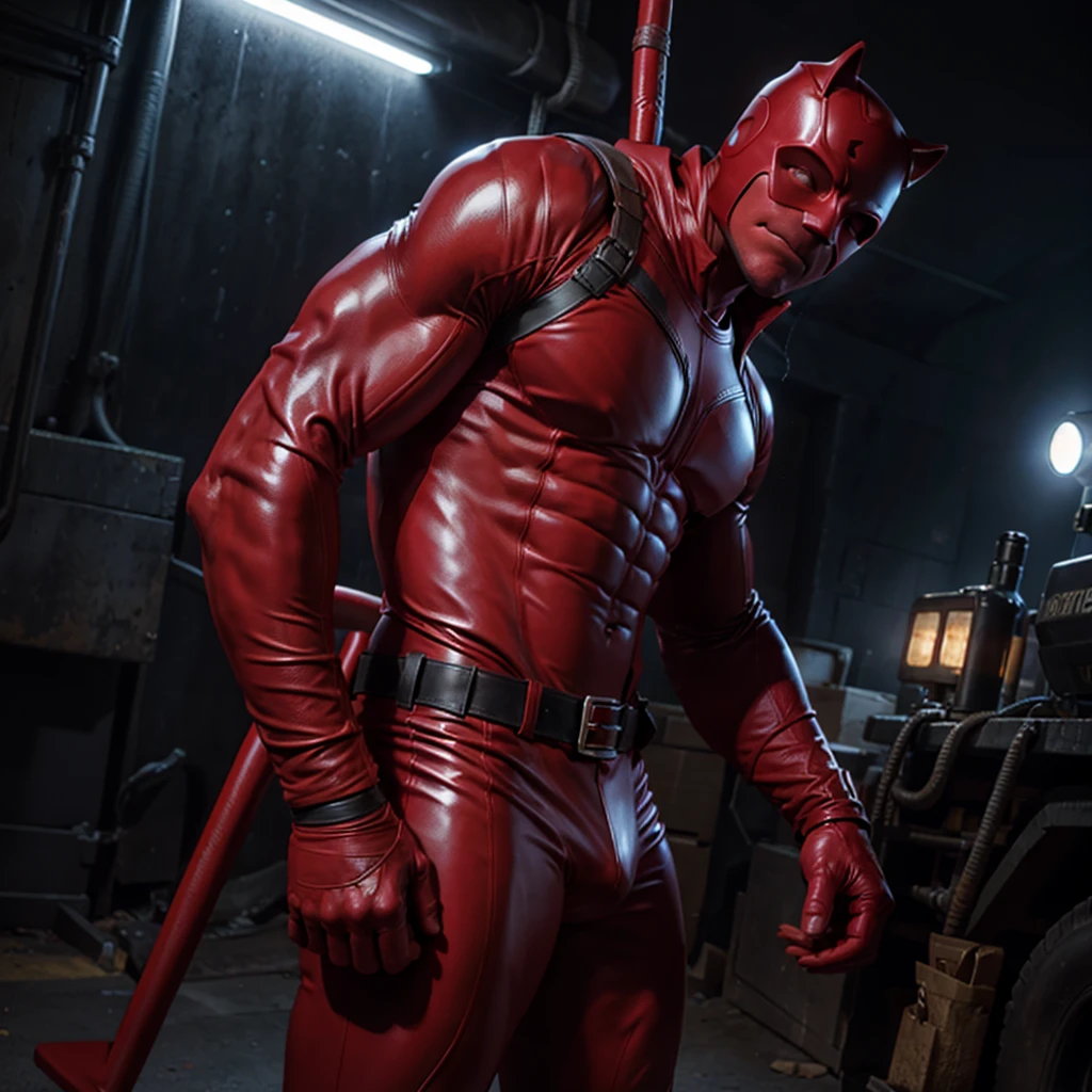 Daredevil, Ben Affleck, Rubber red catsuit, Elektra movie, daredevil, belt red, mask, Side body Angle