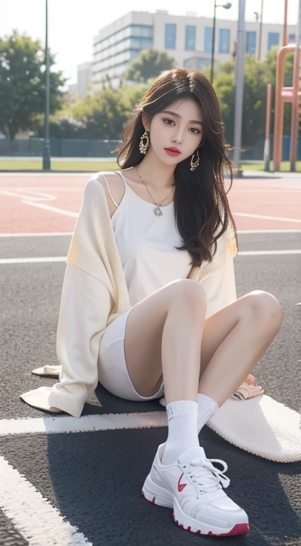 (Masterpiece, Best quality;1.3), Extremely detailed ,Ultra detailed,  1girll,Wearing a white sweatshirt，blue short pants，Lie on the bed，yellow long hair，Snow-white skin，Exaggerated necklace，Tattooed with
