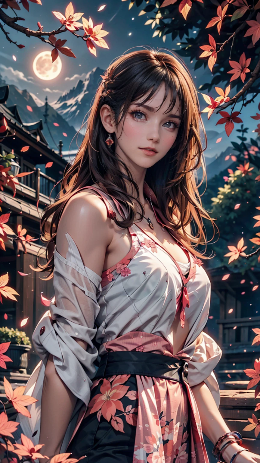 masterpiece, 最high quality, night, Mountain, full moon, Long black hair, woman, fire Fly, performer, Mysterious cherry tree, Pink leaves, high quality, Beautiful graphics, Attention to detail