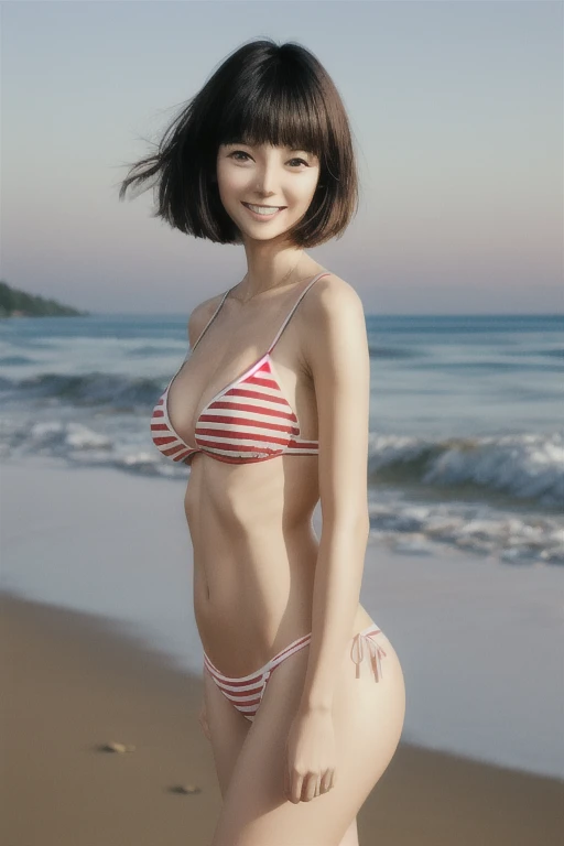 One girl of Full body shot, She is standing on the beach, her face is very beautiful and smile, She is wearing green and black checked Bikini, wears whit sandals, open a mouth and laugh and see a white tooth, Hair of short ,hair of bangs, black hair, One Japanese girl is Standing On the Beach, background is the Beach, smiling faces of 1 Japanese girl standing, she has skinny body, highest quality,(RAW photo:1.2)、(realistic:1.4),(High resolution:1.4), 1 girl, written boundary depth, intricately detailed,8k, very detailed, perfect lighting, epic background, (Her body details: tall 156cm, bust 77cm, waist 52cm, hips 80cm, Beautiful thighs, Beautiful legs, Beautiful 4 fingers and 1 thumb, Skinny body, Skinny bust, Skinny breasts, Thin arms. Long and slender legs), delicate pictures RAW photo of a girl, highest quality:1.6, realistic:1.75,spread legs, Clothing with low exposure, Full body shot, she gets a glimpse of me, Full Front Body Shot. Looking down at me with a provocative gaze