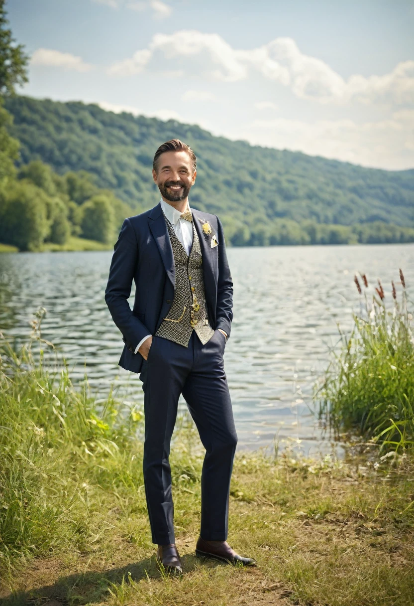 King aged 35 ,on an afternoon at the lake just enjoying the environment and the company , with clothes suitable for nobility