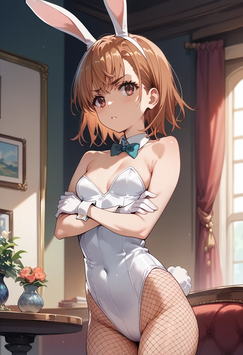 masterpiece,High resolution,Highest quality,8k
(mikoto misaka)(14-year-old female,Brown Hair,Short Hair,Small breasts,Slim figure)(Bunny Suit,Fishnet tights,Rabbit Ears,White gloves),Arms crossed