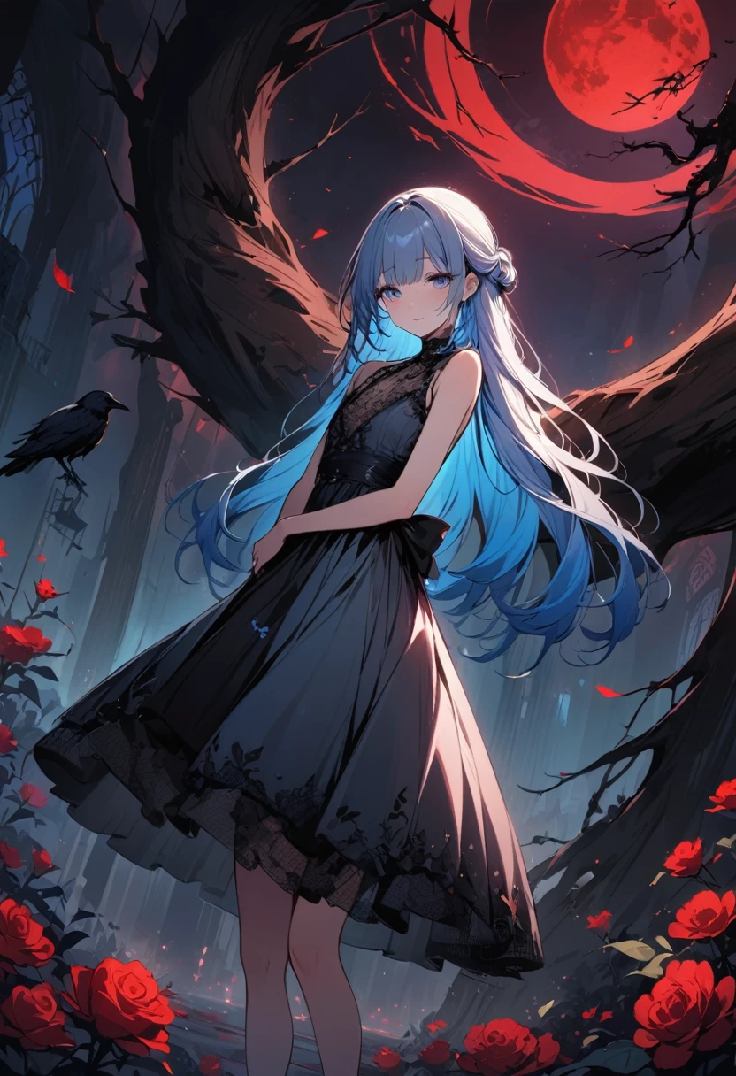masterpiece, best quality, extremely detailed, (illustration, official art:1.1), 1 girl ,(((( light blue long hair)))), ,(((( light blue long hair)))),light blue hair, , long hair ((blush)) , cute face, masterpiece, best quality,(((((a very delicate and beautiful girl))))),Amazing,beautiful detailed eyes,blunt bangs((((little delicate girl)))),(((tareme))),droopy eyes.(true beautiful:1.2), sense of depth,dynamic angle,,,, affectionate smile, (true beautiful:1.2),,(tiny 1girl model:1.2),)(flat chest), A beautiful anime-style girl with long,,(((detailed)))Blue Eyes,Transparent hair,Face of Sadness,Sad beautiful girl,(((detailed)),(((detailed)))A beautiful immoral girl in a provocative black and grey dress,,(((detailed)))Full Body Shot,Crow,(((detailed)))dead tree,fog,Red Moon,Mysterious Flower,graveyard of darkness。
