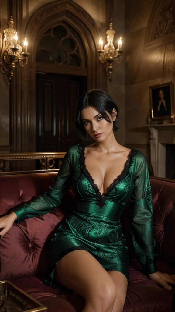 Glamour fashion photography, 30-year-old woman with huge green eyes exudes allure and sophistication seated confidently on a luxurious sofa, short black hair, wearing a stylish Orientalism Paisley colored dress, situated in an ancient Gothic castle, dramatic lighting highlighting her perfect face, shadows casting mystery, bright contrasts creating a sensual atmosphere, dynamic composition, realistic digital painting, correct anatomy, ultra high resolution, vivid colors,