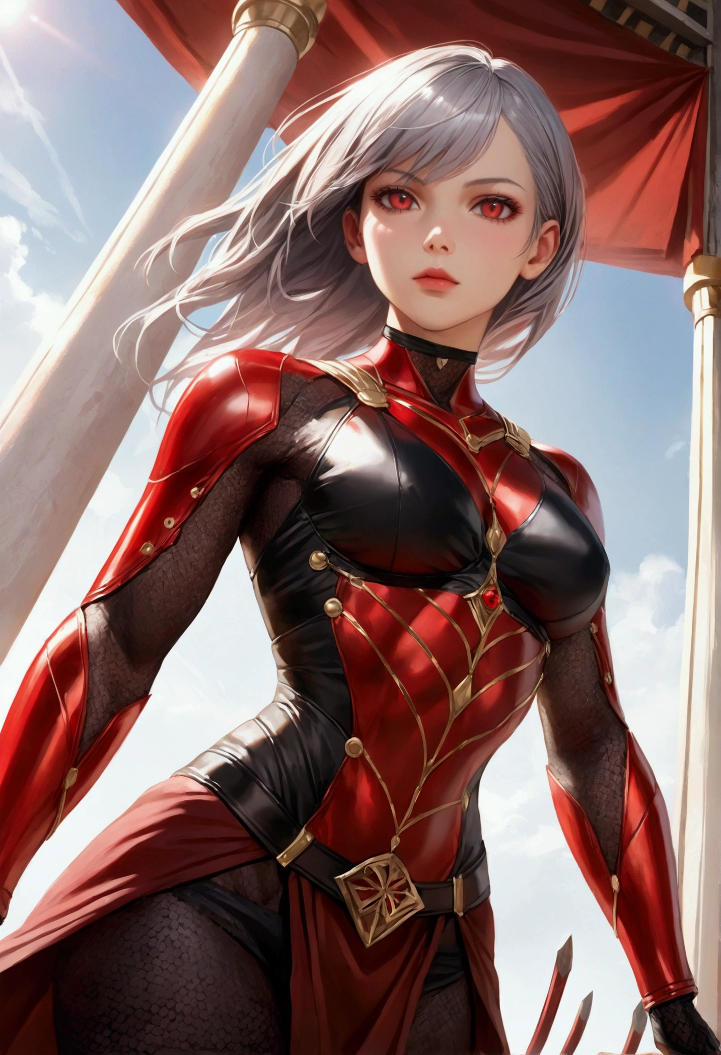 A girl with smooth grey hair, magestic red eyes, fair skin tone, slender and athletic built, warrior wear, detailed hair, detailed body, aesthetic, realistic, Wide-Angle, best quality, 8k