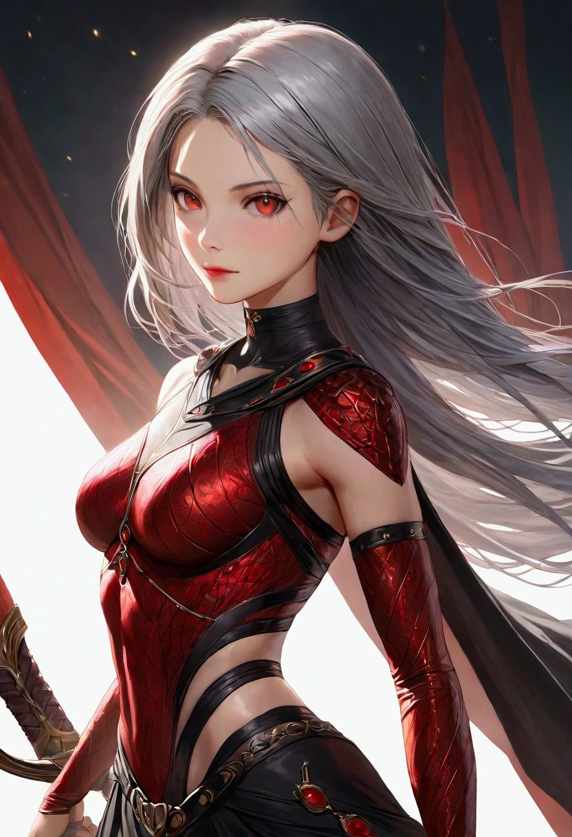 A girl with smooth grey hair, magestic red eyes, fair skin tone, slender and athletic built, warrior wear, detailed hair, detailed body, aesthetic, realistic, Wide-Angle, best quality, 8k