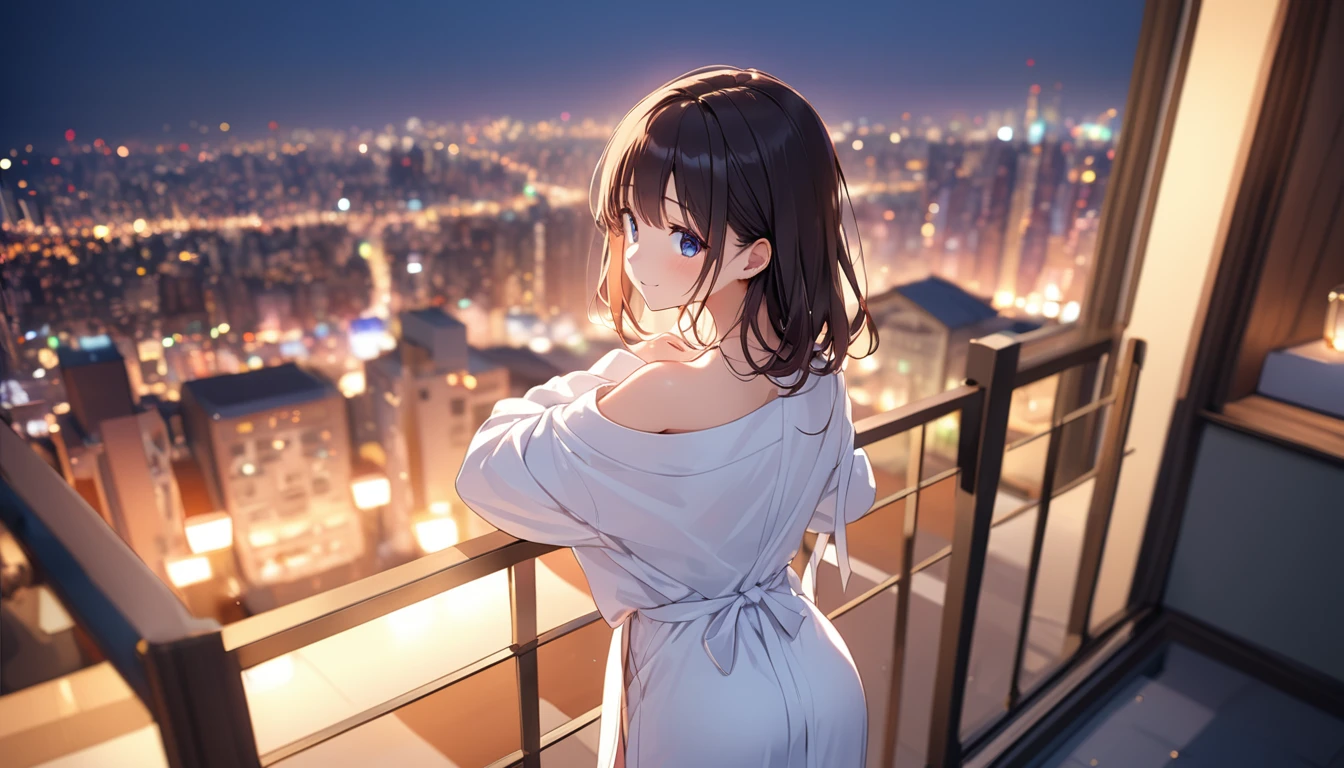 高いquality illustration, masterpiece, Very delicate and beautiful, Attractive girl,(White bathrobe),thin,Slender body,slim、Looking down on the night view from a high-rise apartment,Veranda Background,Princess, Beautiful Eyes,smile、Embarrassing、blush、(masterpiece, Highest quality:1.2), High resolution, Very detailed CG ユニティ 8k 壁紙, Perfect lighting, colorful, 超High resolution,4K,Very detailed, photograph, 8k, High resolutionolution, 、Big Breasts、sweating、back、Butt、Overlooking the city、Shot from above